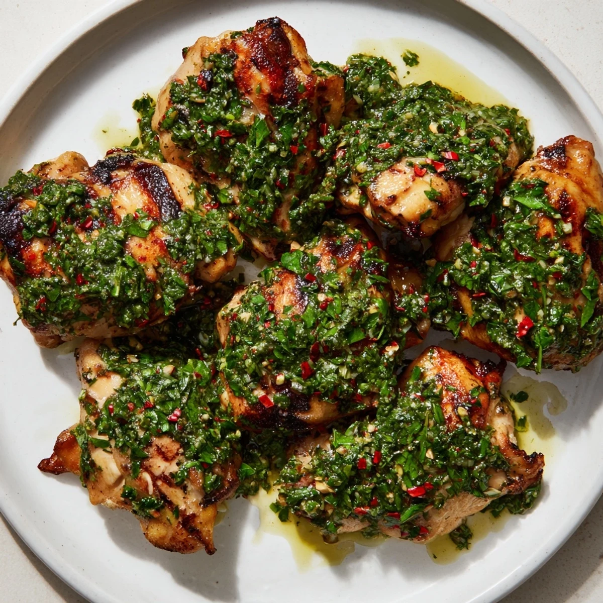 Succulent chimichurri chicken thighs served with vibrant green marinade for extra flavor.  