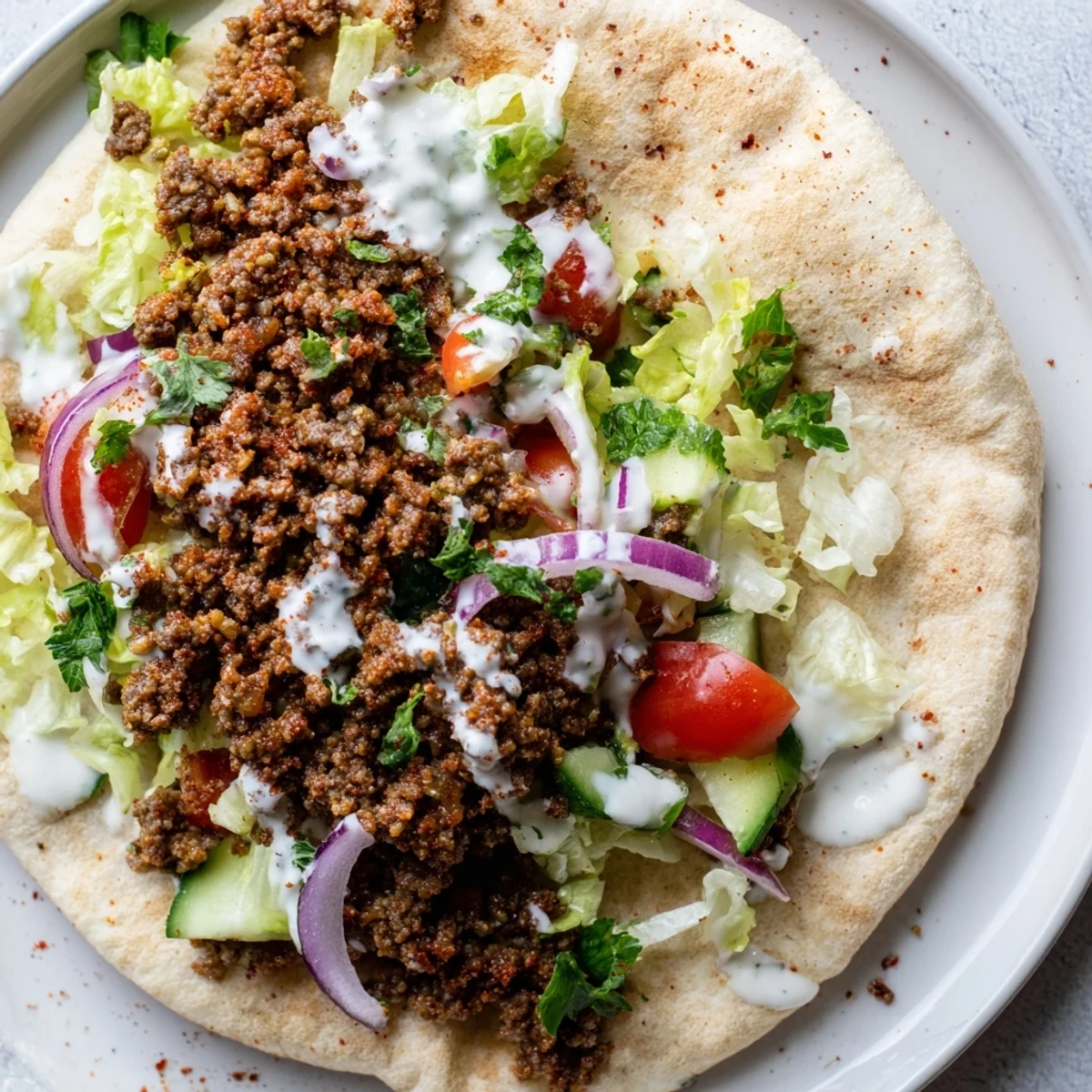 Golden Mediterranean ground beef pita pockets stuffed with fresh vegetables and tangy yogurt sauce.