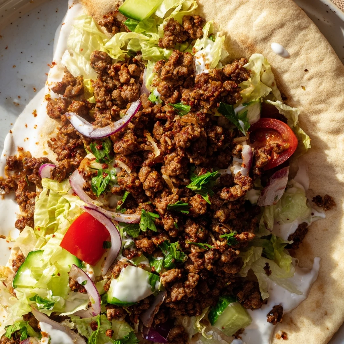 Delicious Mediterranean ground beef pita pockets drizzled with creamy sauce and fresh herbs.