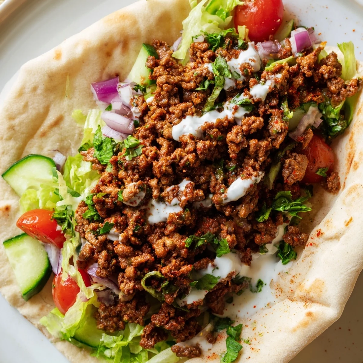 Warm pita filled with seasoned beef and crisp veggies for Mediterranean ground beef pita pockets.