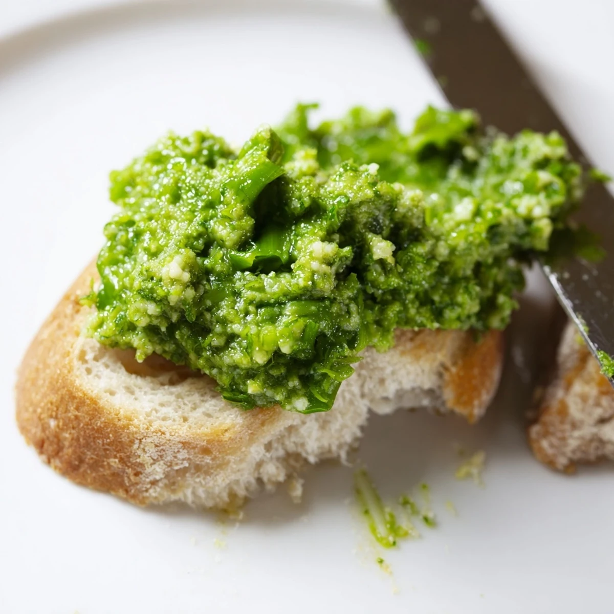 Creamy garlic scape pesto spread on toasted crusty bread for snacking  