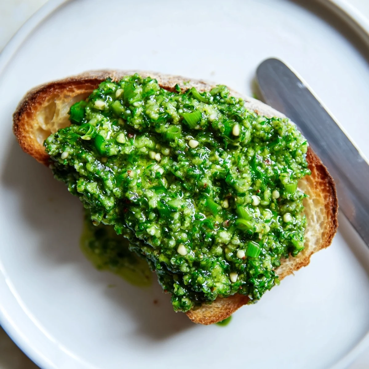 Rich green garlic scape pesto blended with pine nuts and parmesan