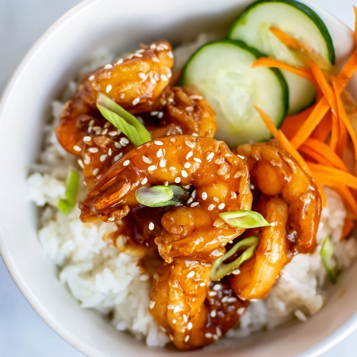 Teriyaki shrimp rice bowls topped with colorful vegetables and sesame seeds.  