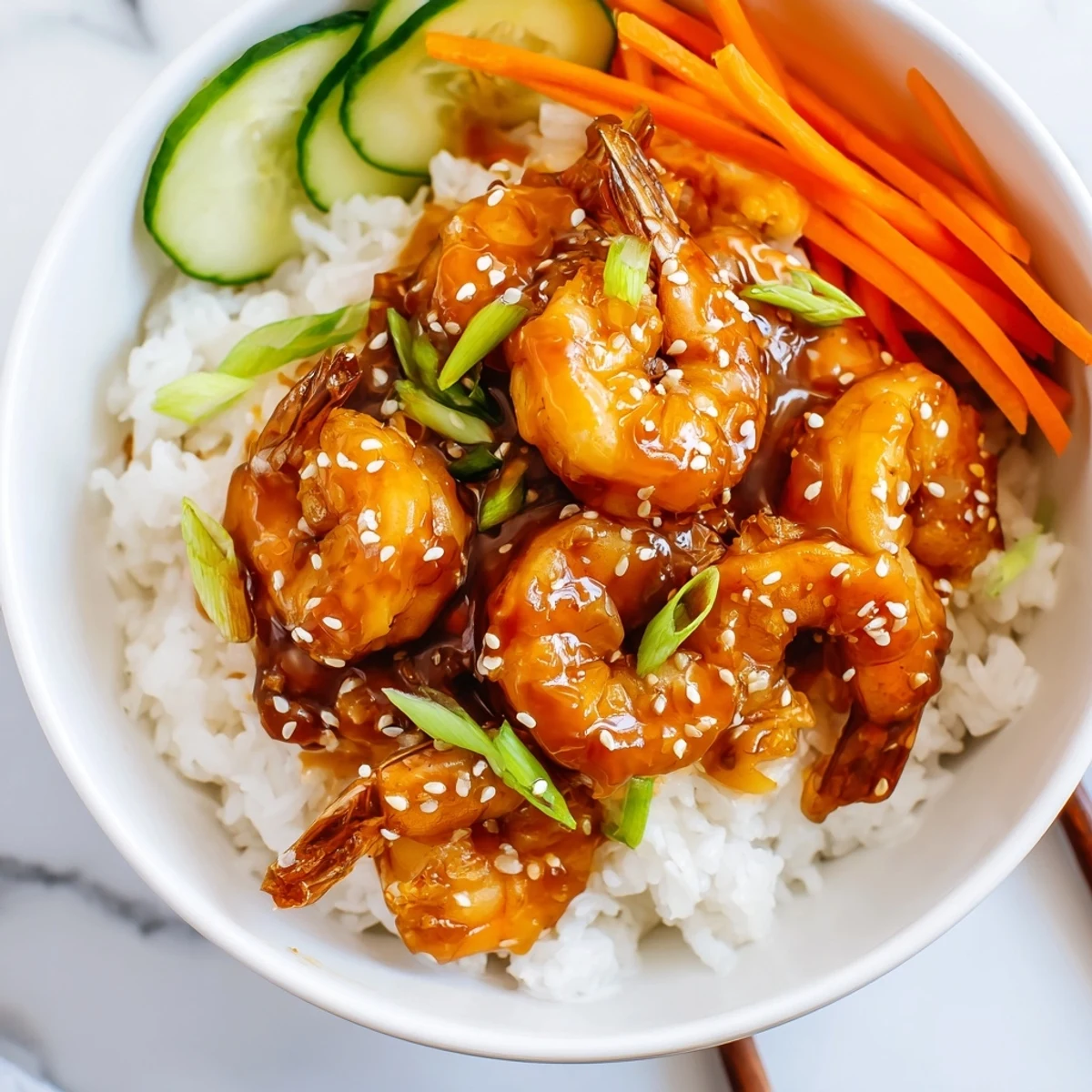 Glazed shrimp over fluffy jasmine rice in a vibrant teriyaki bowl.  