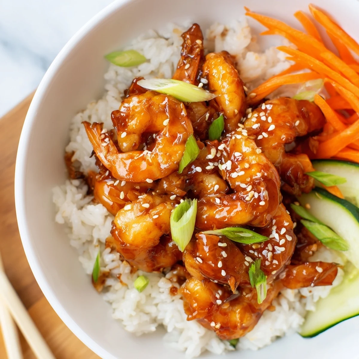 Succulent teriyaki shrimp served with crisp veggies in a hearty rice bowl.