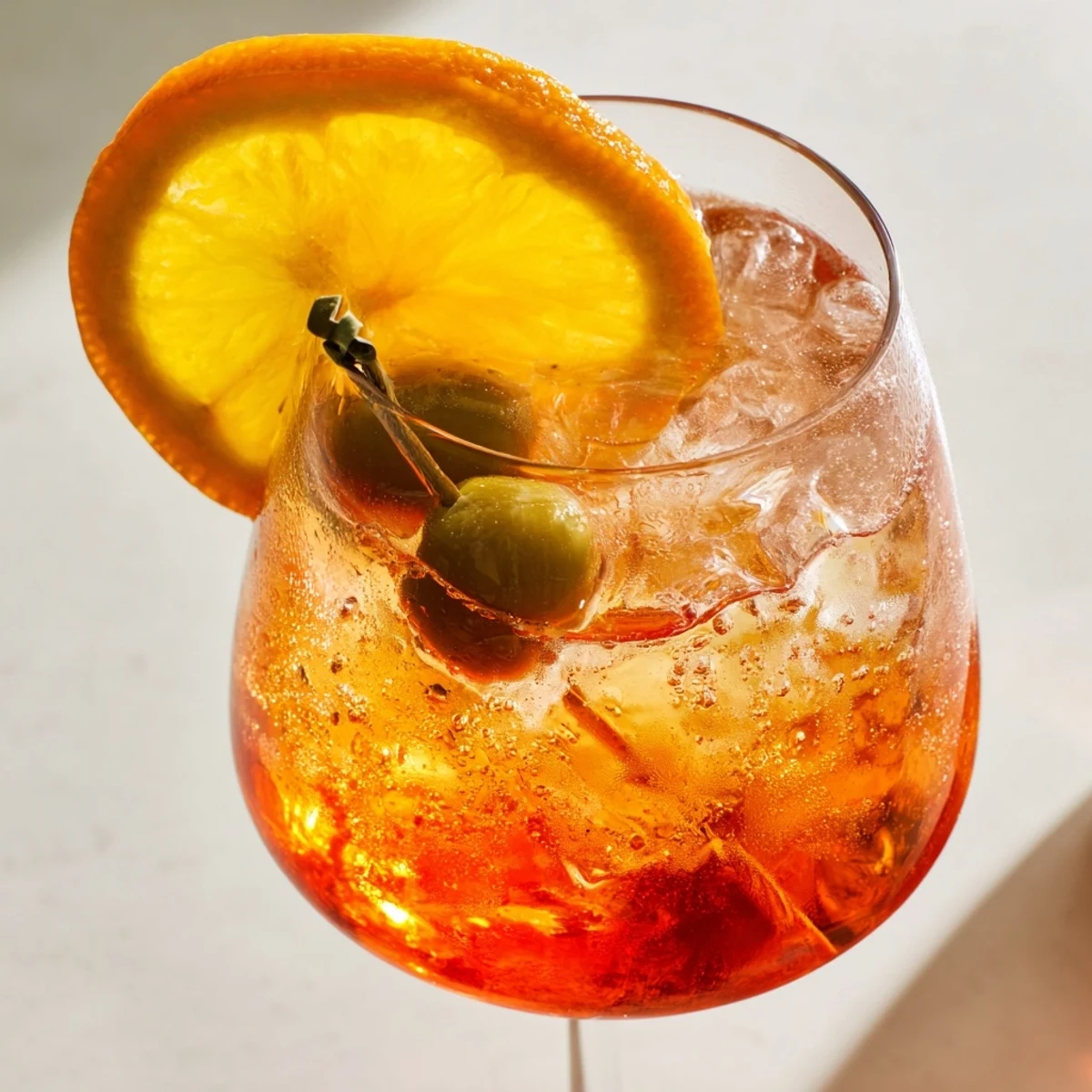 Vibrant Spritz cocktail with orange slice and ice in a wine glass.  