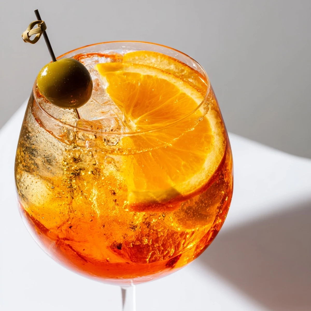 Golden Spritz aperitif served chilled with fresh orange wedge on ice.