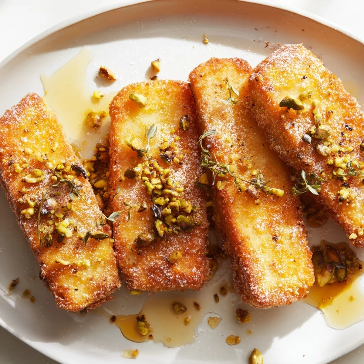 Golden honey halloumi topped with crunchy pistachios and fresh herbs  