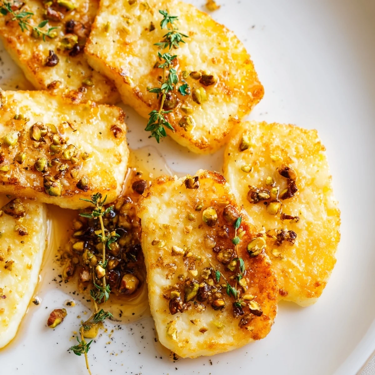Crispy fried honey halloumi with nutty pistachios and a honey glaze