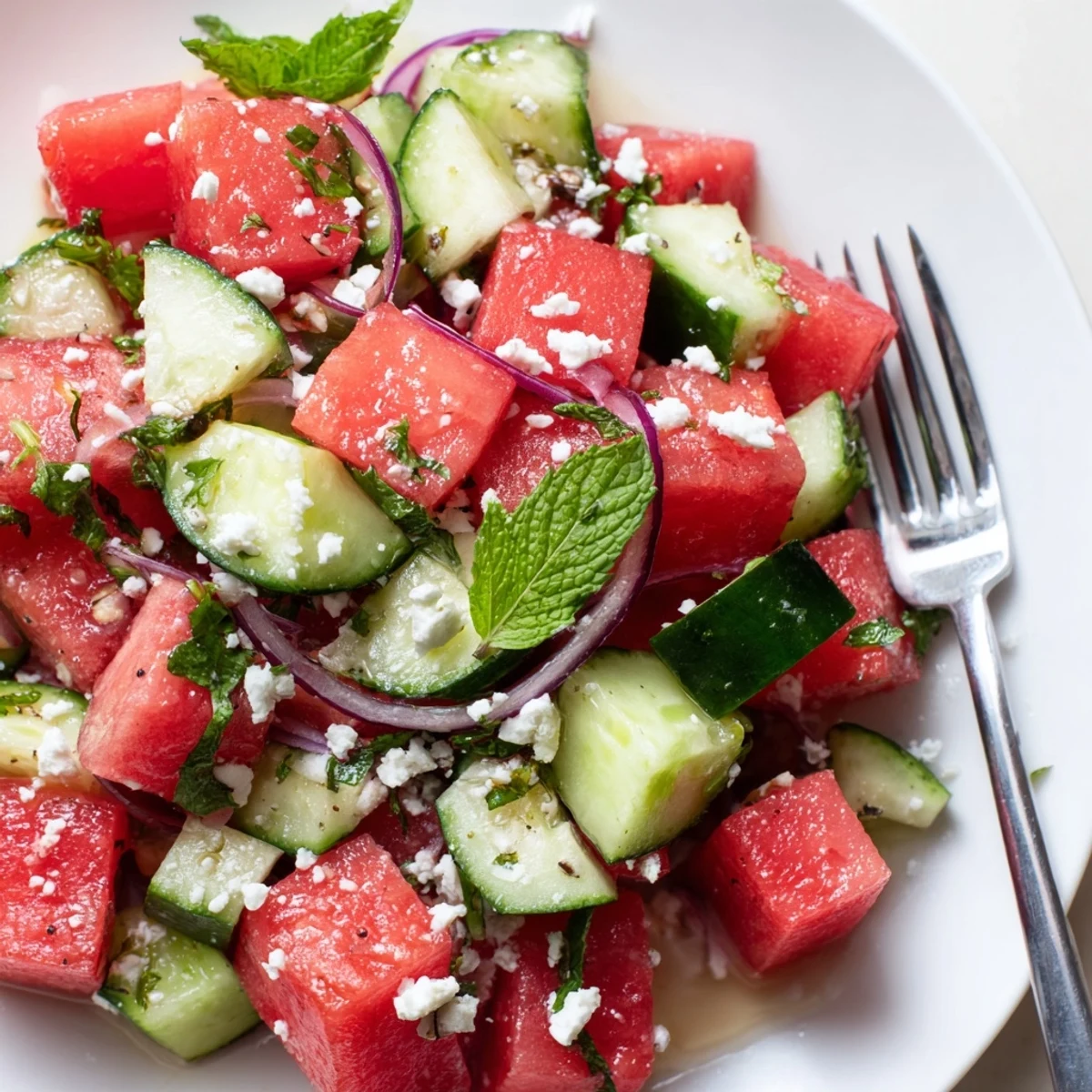 Fresh watermelon cucumber salad bowl topped with crumbled feta and mint.