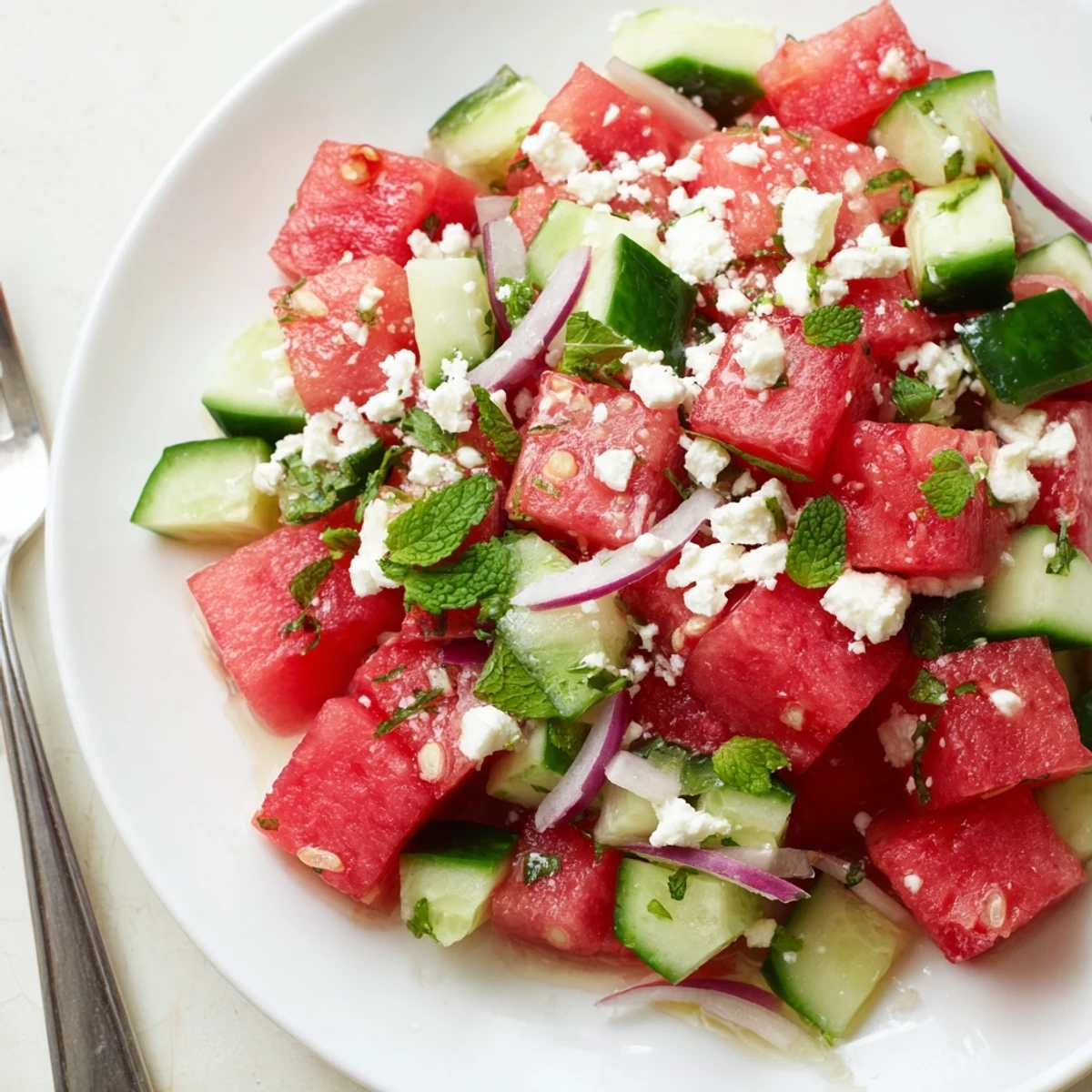 Juicy watermelon and crisp cucumber salad drizzled with tangy lime dressing.