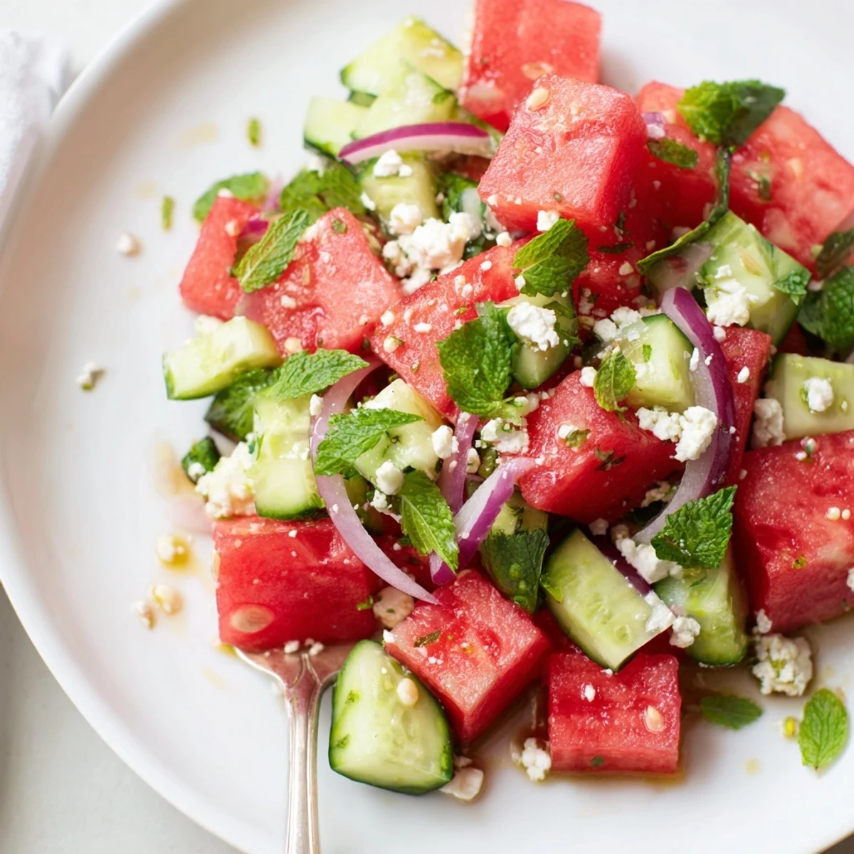 Summer watermelon cucumber salad plate with fresh mint and zesty lime.