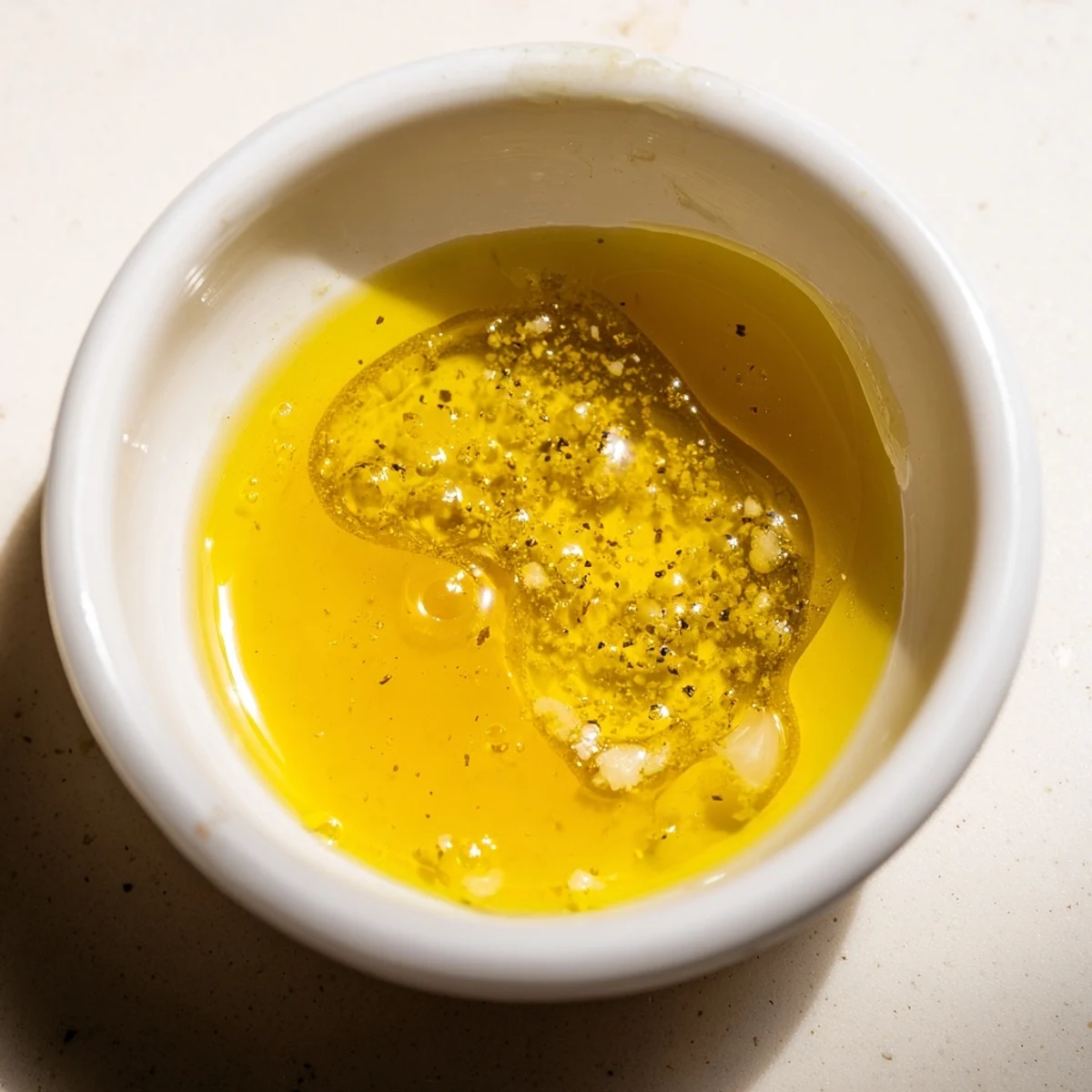 Glass jar of creamy lemon vinaigrette dressing recipe with fresh herbs drizzled over green salad.