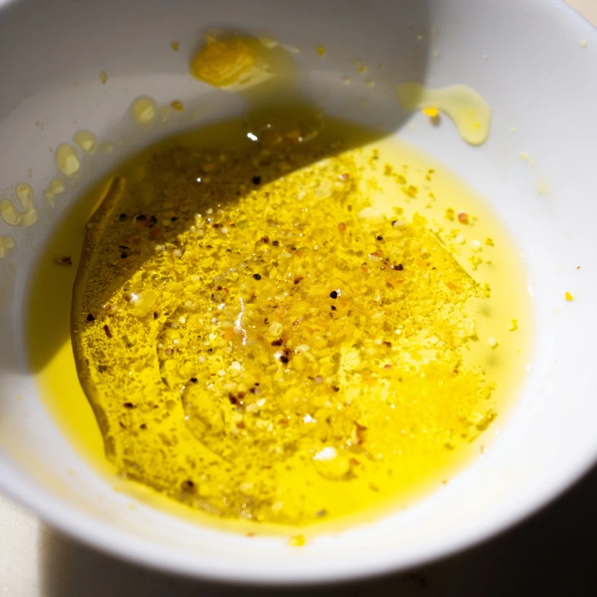 Close-up shot of zesty lemon vinaigrette dressing recipe in a bowl whisked with olive oil.