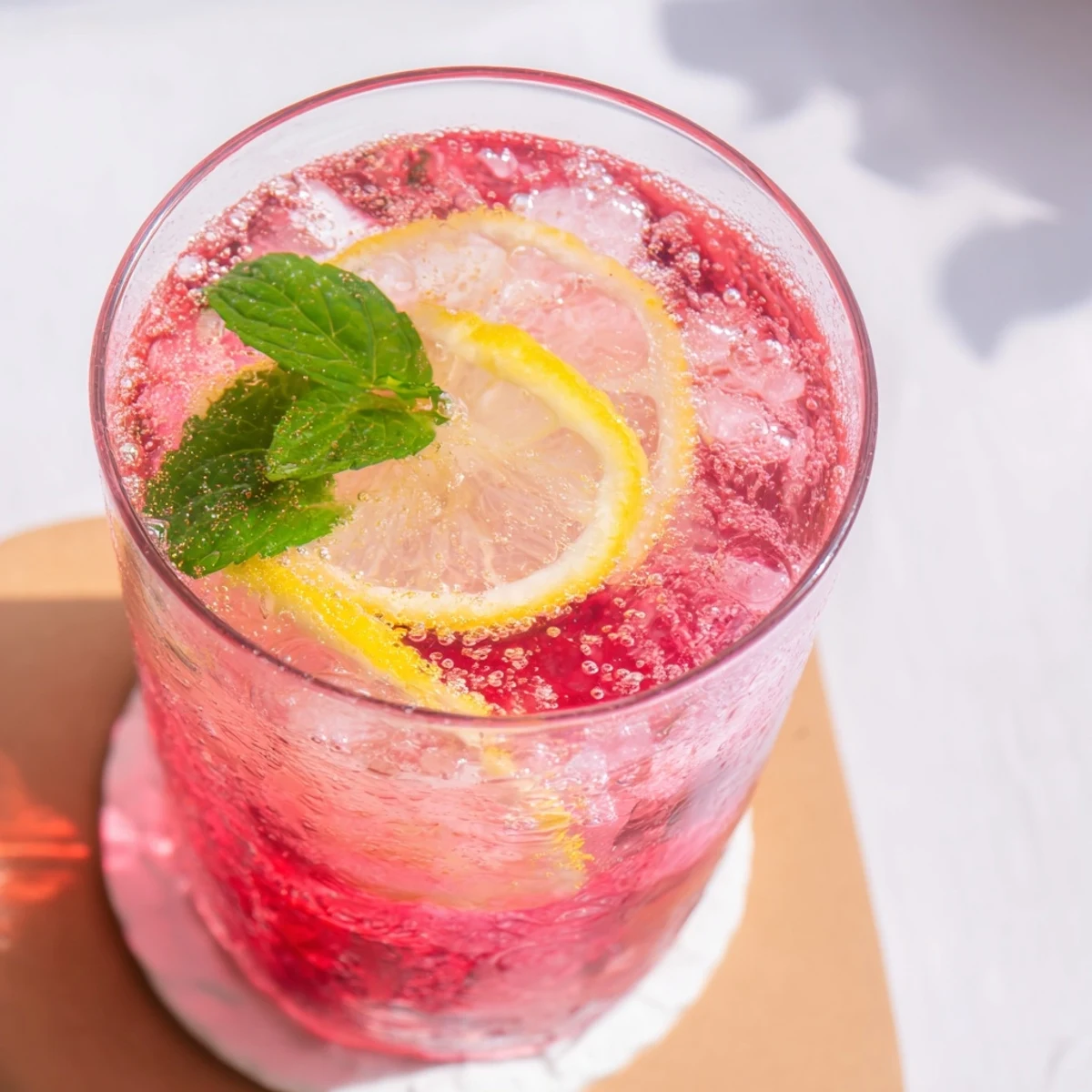 Vibrant pink soda topped with ice and mint slices  