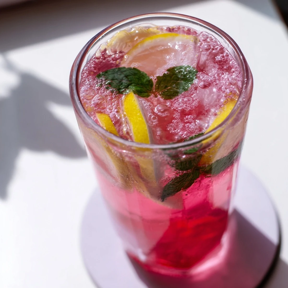 Refreshing honey lemon pink soda garnished with fresh lemon wedges  