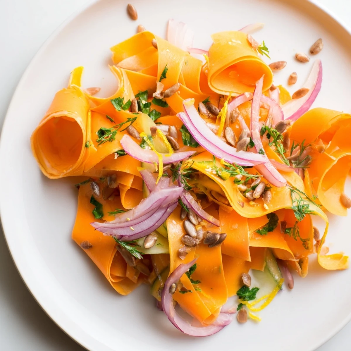 Tender carrot and cucumber ribbons tossed in tangy orange-lemon dressing.  