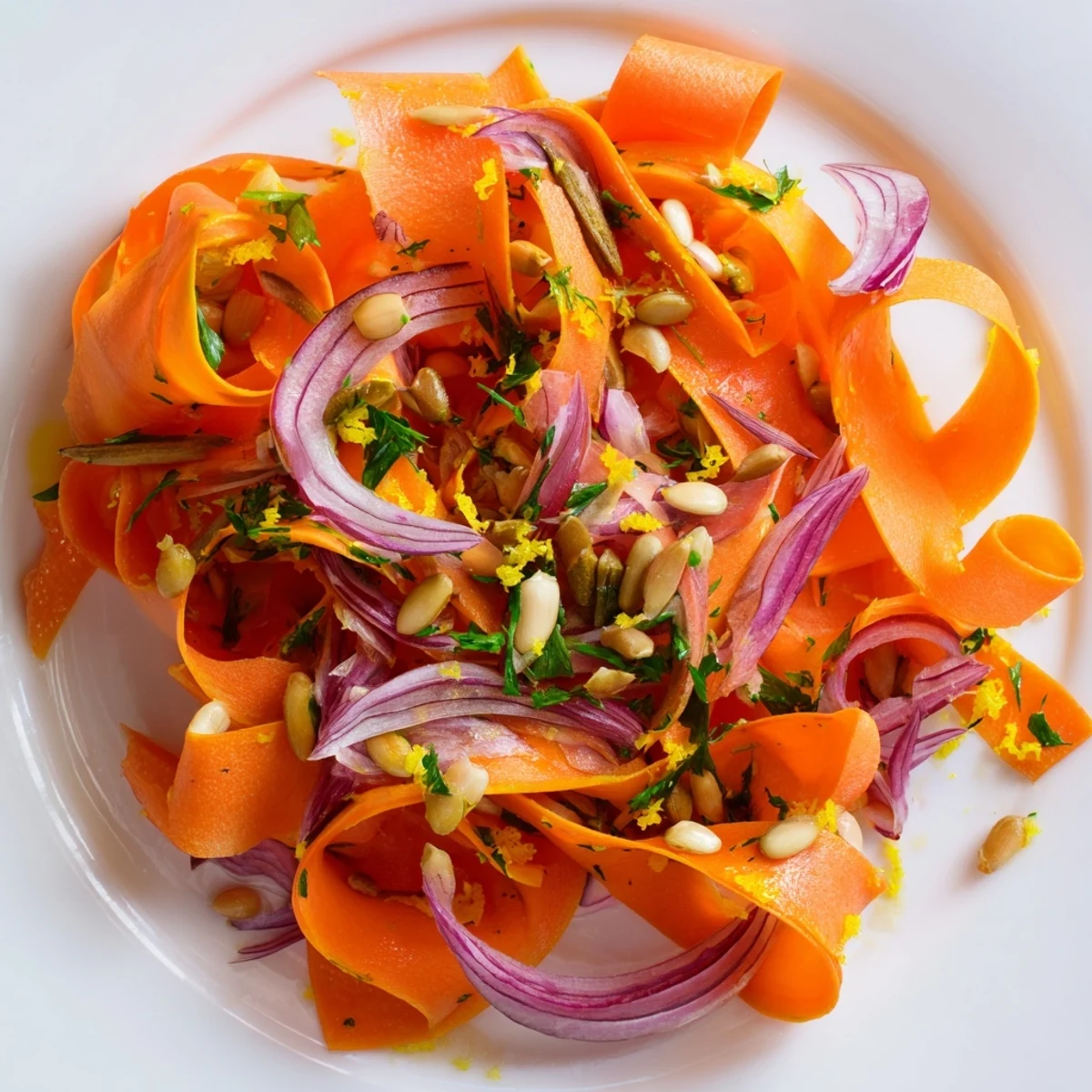 Bright carrot ribbon salad with zesty citrus dressing and fresh parsley garnish.  