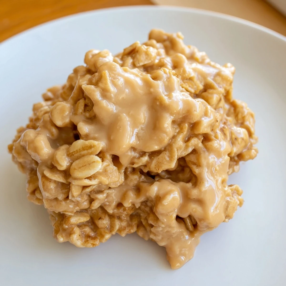Stack of rich Peanut Butter No Bake Cookies topped with drizzled chocolate.  