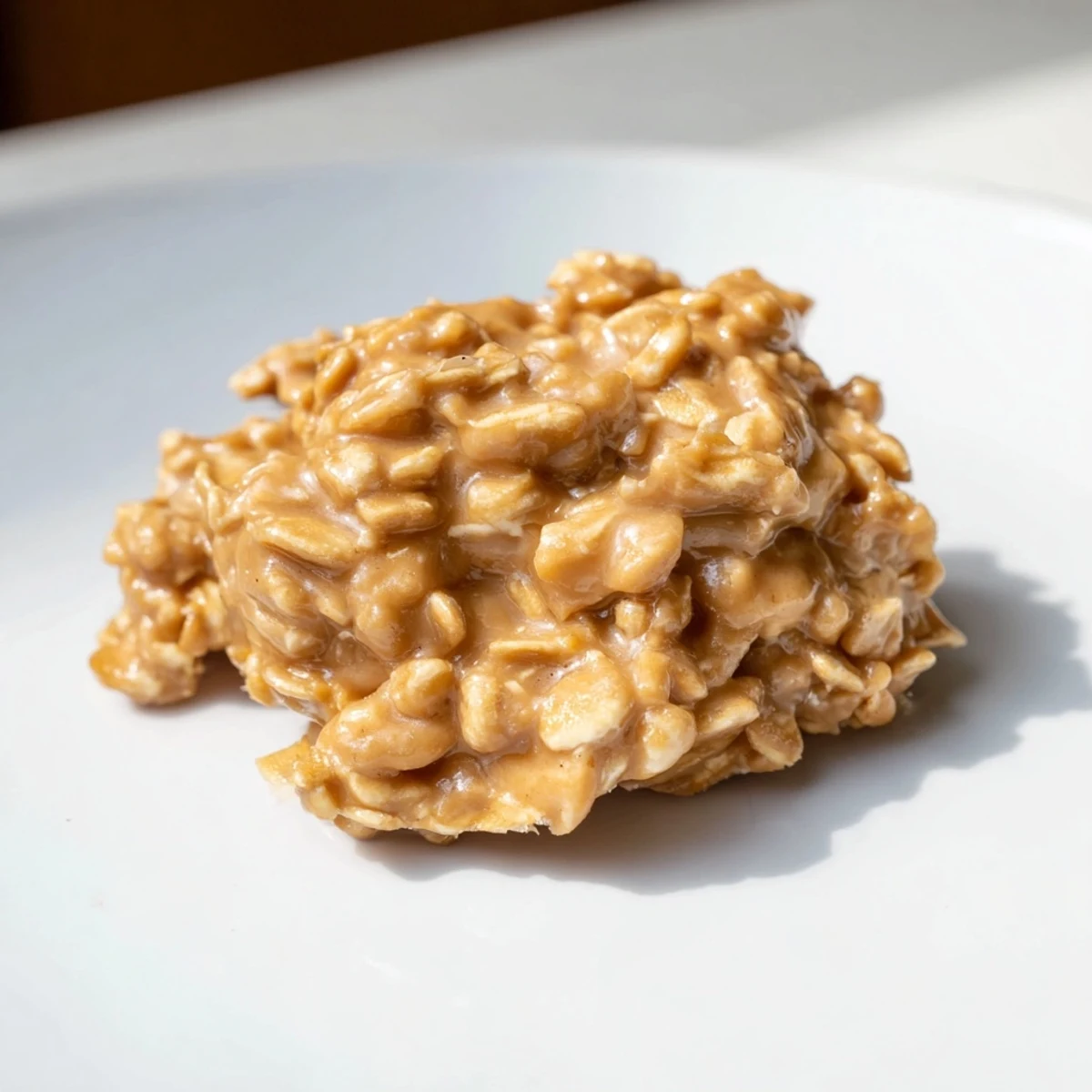 Chewy Peanut Butter No Bake Cookies on a white plate ready to serve.  