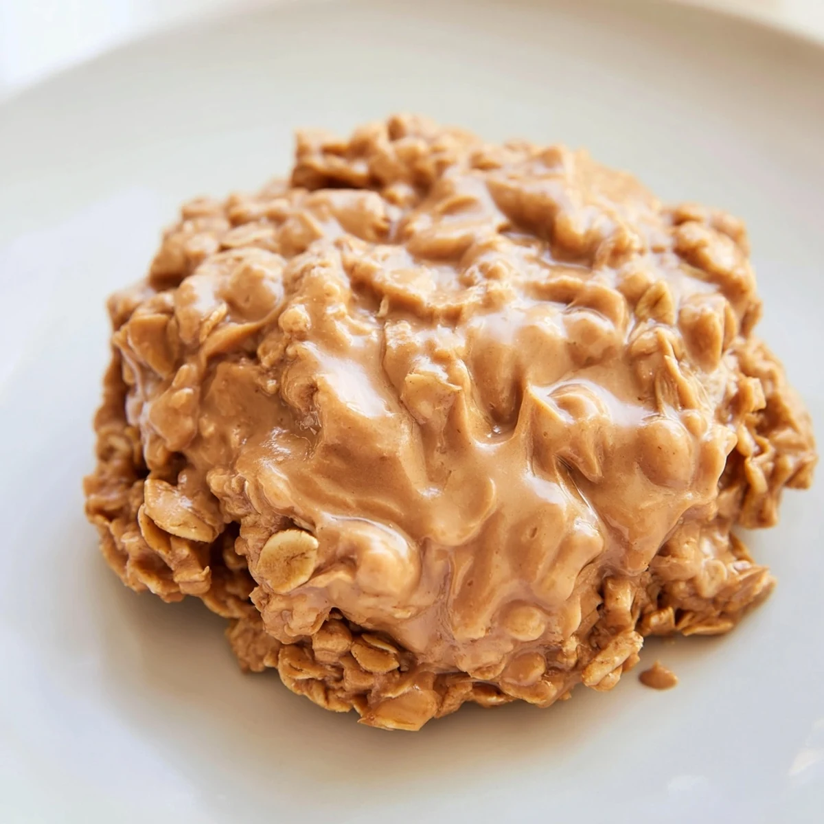 Close-up of soft Peanut Butter No Bake Cookies showing oats and texture.