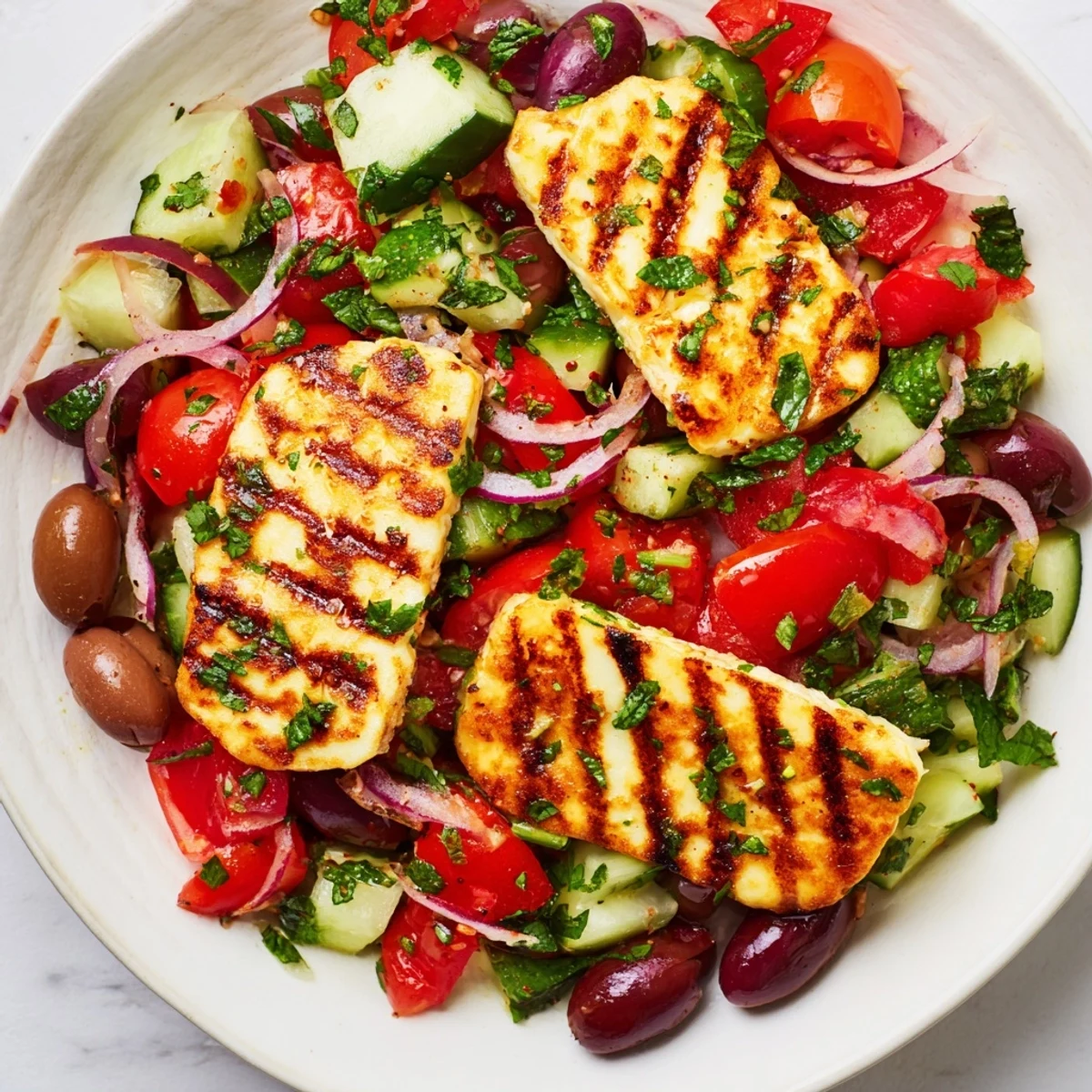 Golden grilled halloumi atop a vibrant Mediterranean salad with fresh herbs.  