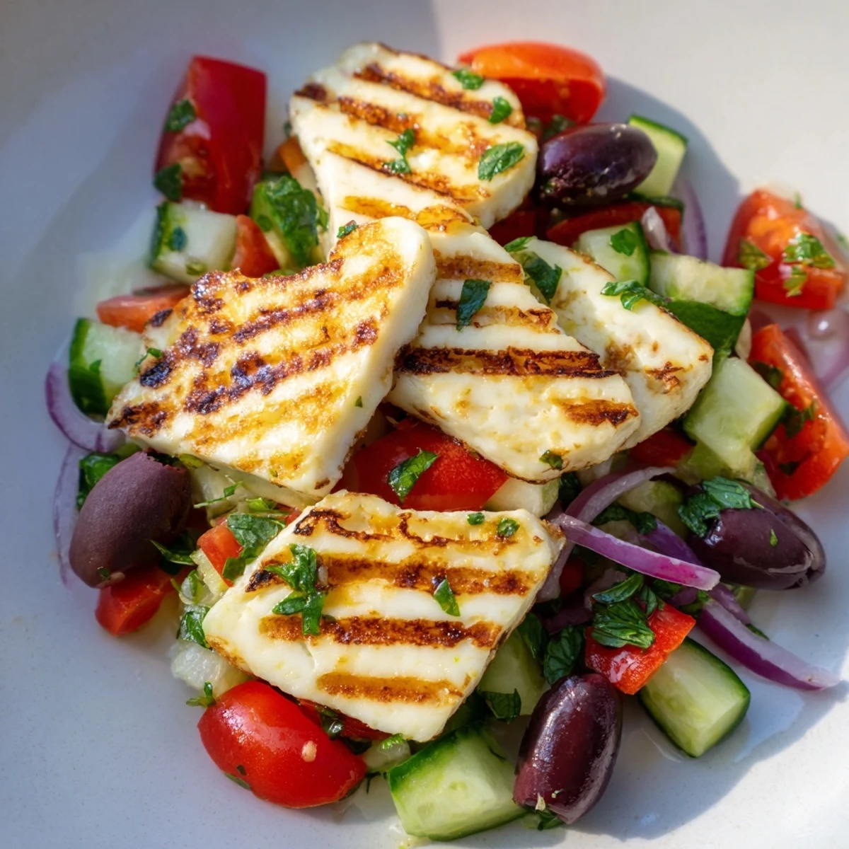 Warm grilled halloumi served over crisp vegetables in a Mediterranean salad bowl.  