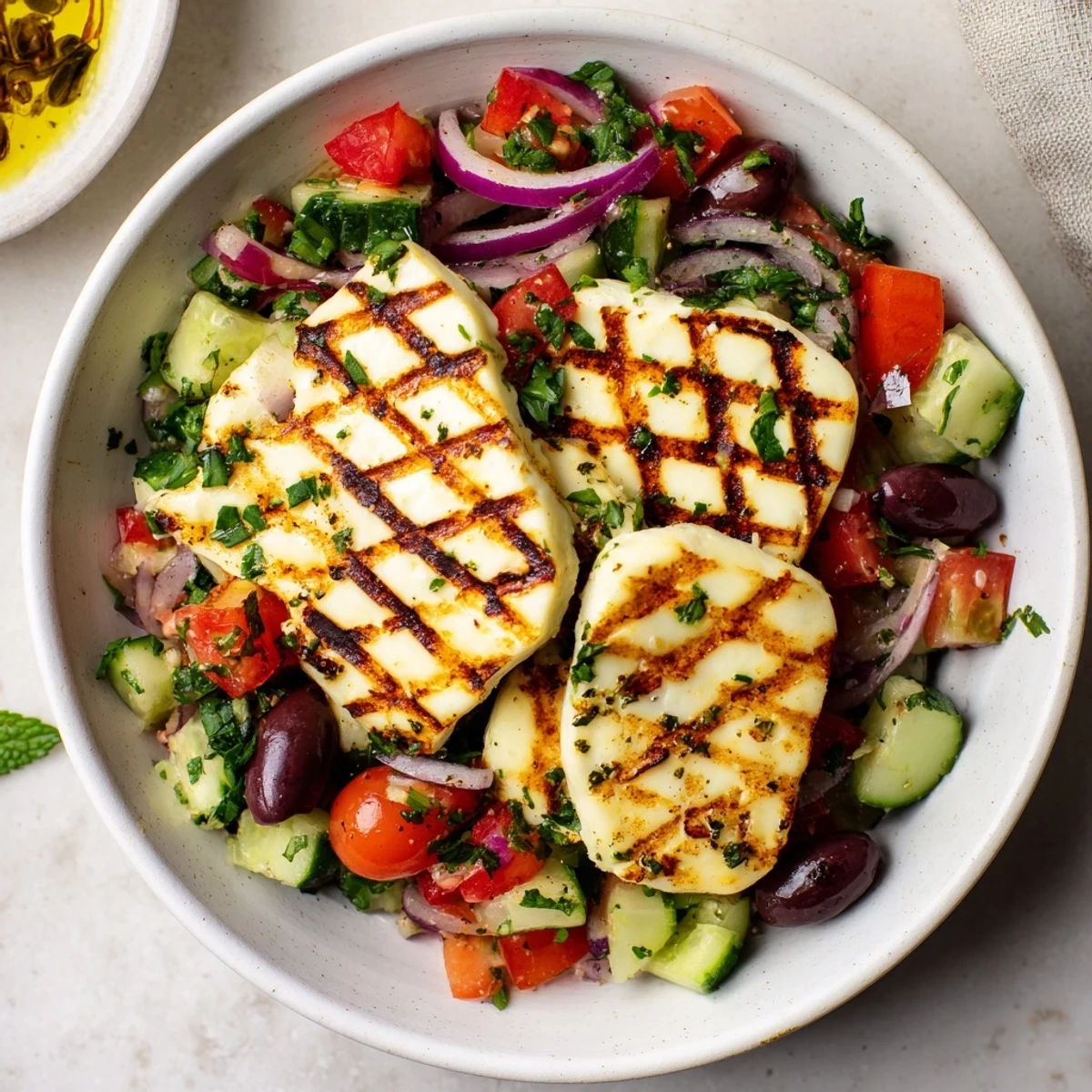 Sizzling grilled halloumi slices paired with refreshing Mediterranean salad and olive dressing.