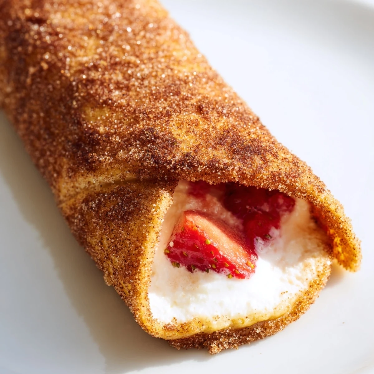 Golden brown strawberry cream cheese roll ups with a crispy cinnamon sugar coating  