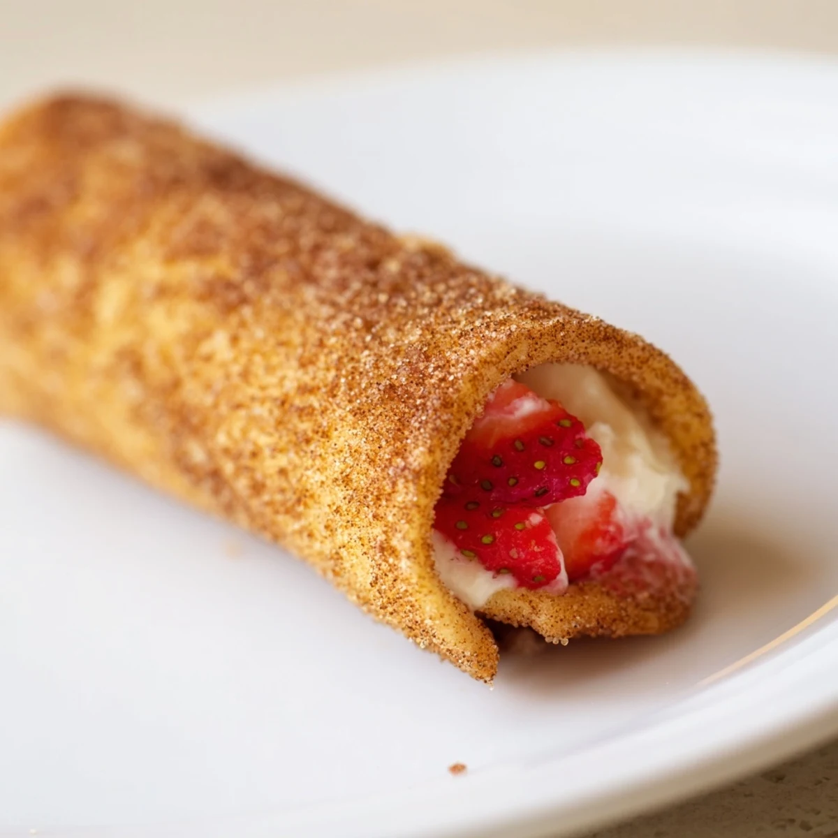 Warm strawberry cream cheese roll ups dusted with cinnamon sugar for dessert