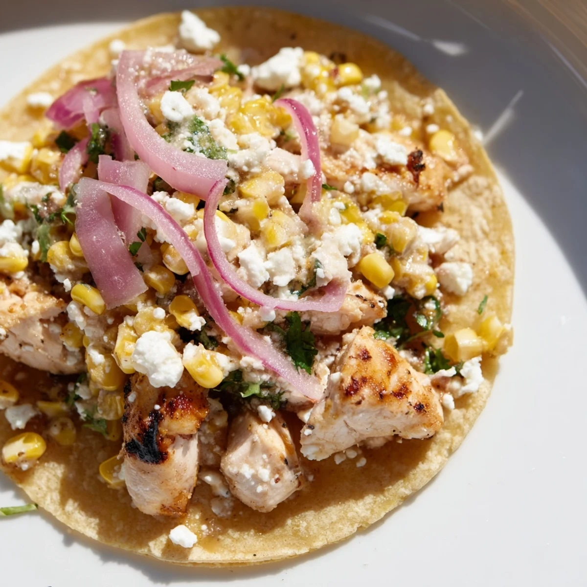 Warm tortillas filled with spiced chicken and savory street corn salsa mix.