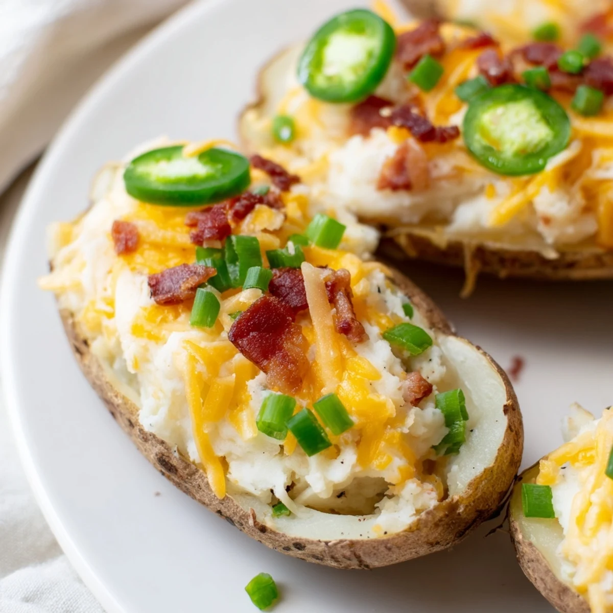 Golden, cheesy jalapeno popper twice baked potatoes topped with crispy bacon bits  
