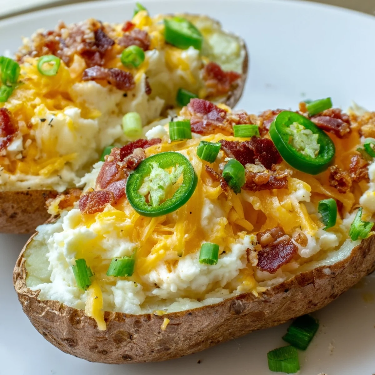 Crispy-skinned jalapeno popper twice baked potatoes loaded with melted cheddar cheese