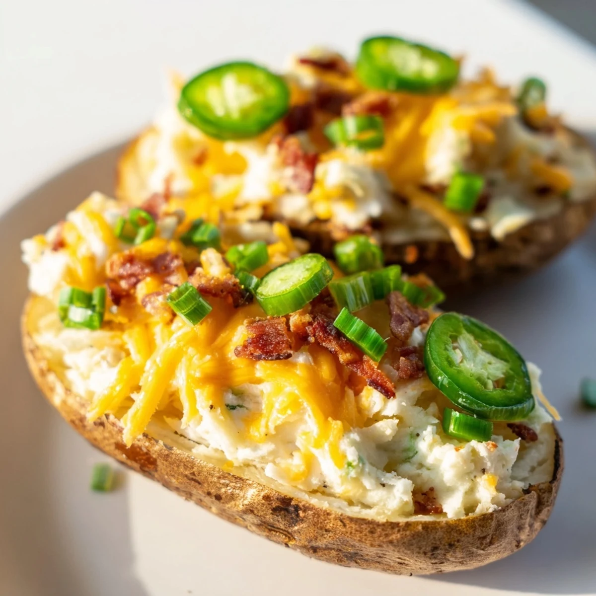 Creamy, spicy jalapeno popper twice baked potatoes garnished with fresh chives  