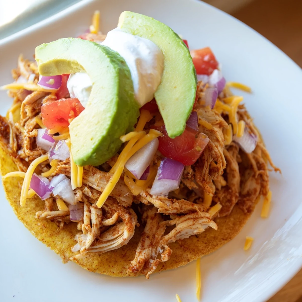 Golden Chicken Tostadas piled high with fresh lettuce, cheese, and creamy avocado.  