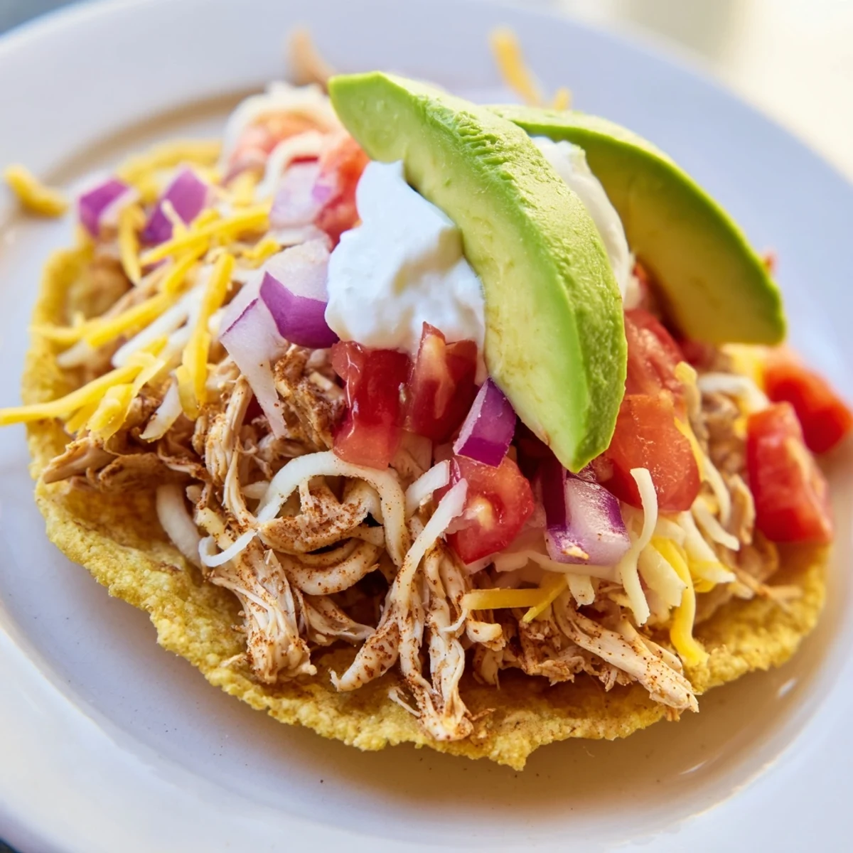 Crispy Chicken Tostadas topped with seasoned meat, diced tomatoes, and zesty lime.  