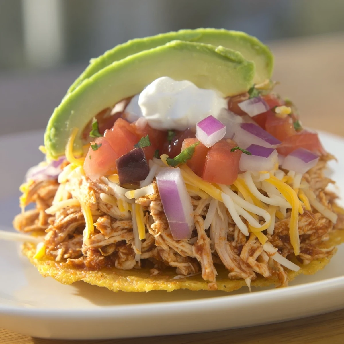 Colorful Chicken Tostadas featuring crunchy shells, refried beans, and savory shredded chicken.