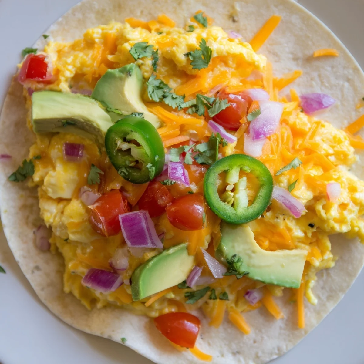 Warm flour tortillas filled with fluffy scrambled eggs and fresh avocado slices for this breakfast tacos recipe  