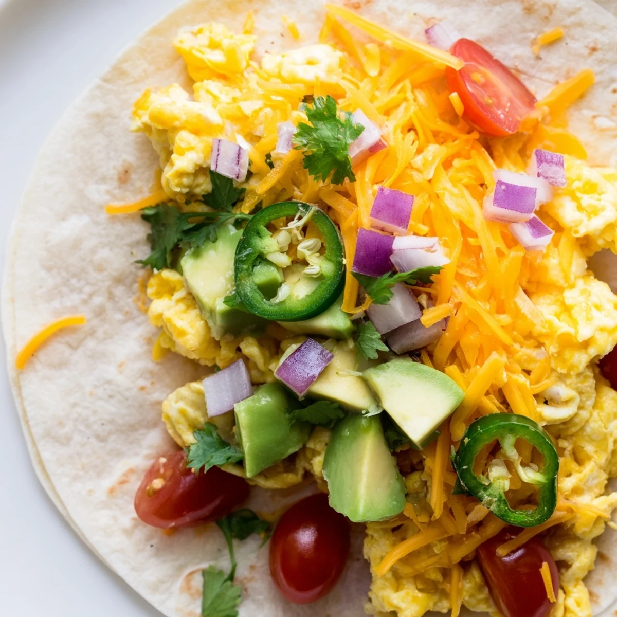 Vibrant breakfast tacos recipe featuring melted cheddar, diced tomatoes, and cilantro in soft tortillas  