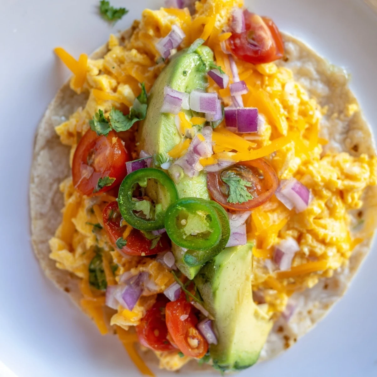 Golden scrambled eggs and crisp red onion wrapped in tortillas for a hearty breakfast tacos recipe