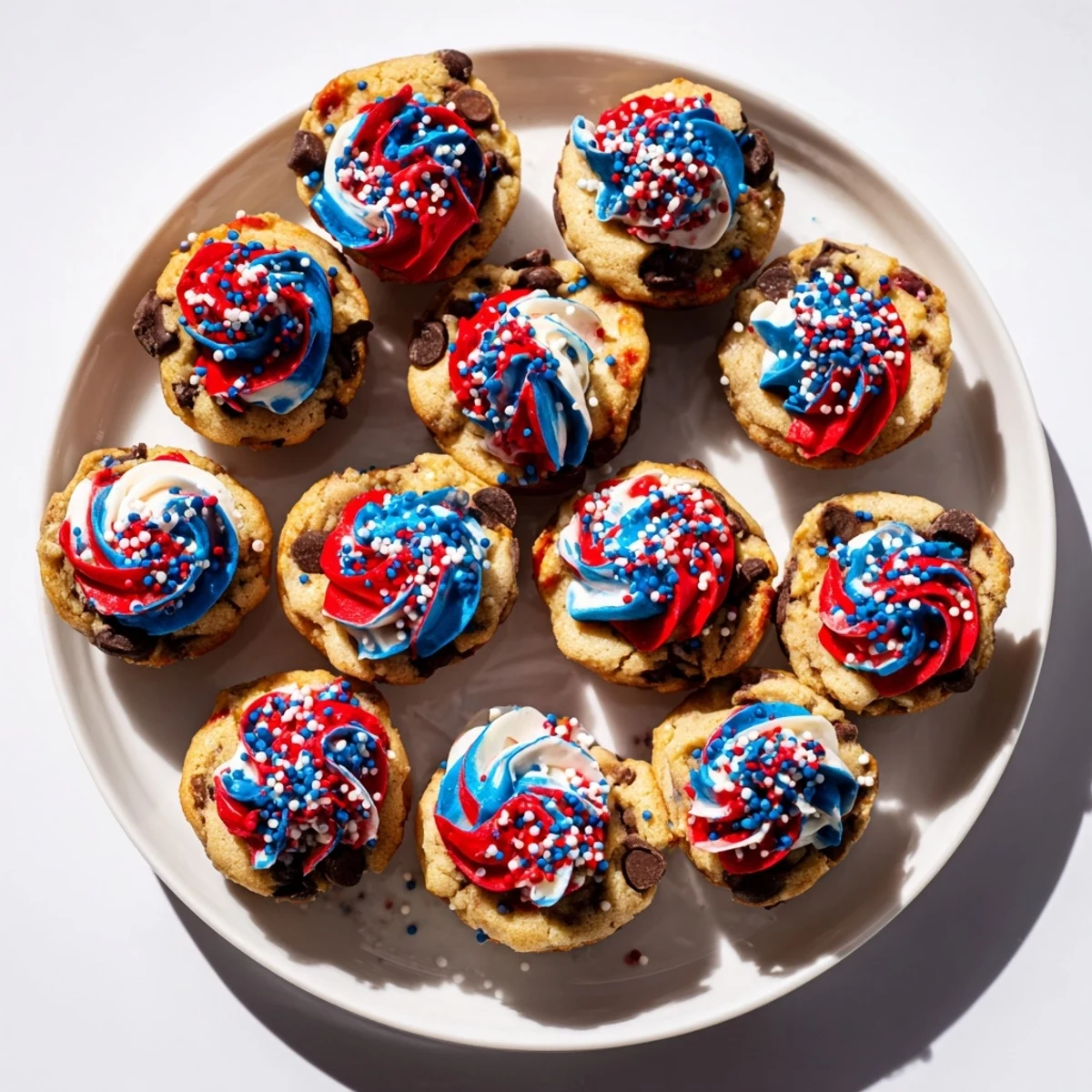 Bite-sized patriotic chocolate chip cookie cups topped with colorful red, white, and blue frosting  