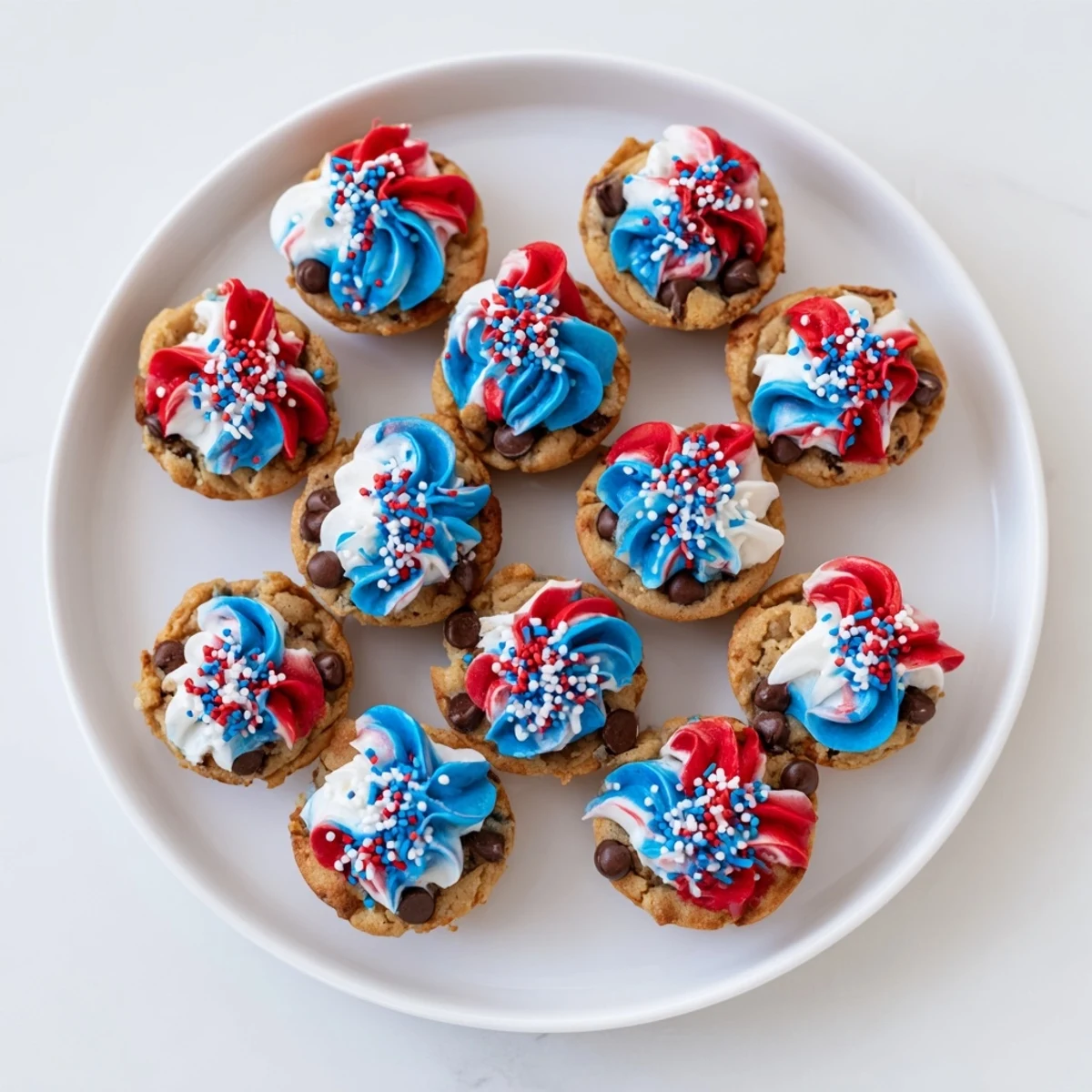 Golden baked chocolate chip cookie cups filled with creamy frosting and festive sprinkles  