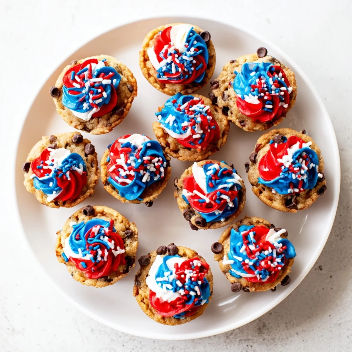 Mini chocolate chip cookie cups decorated for Fourth of July with patriotic swirls