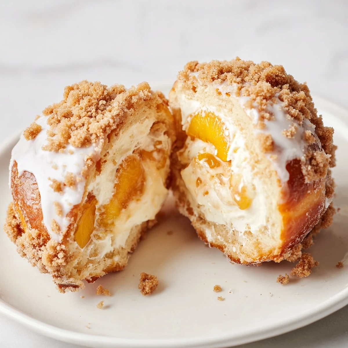 Golden peach cobbler cheesecake donuts topped with crunchy cinnamon crumb.