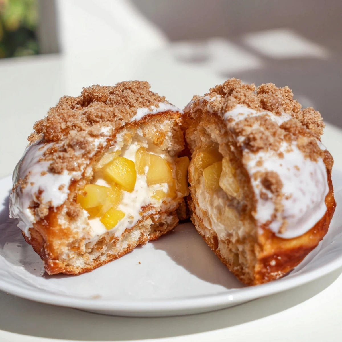 Glazed donuts filled with creamy cheesecake and sweet juicy peach chunks.