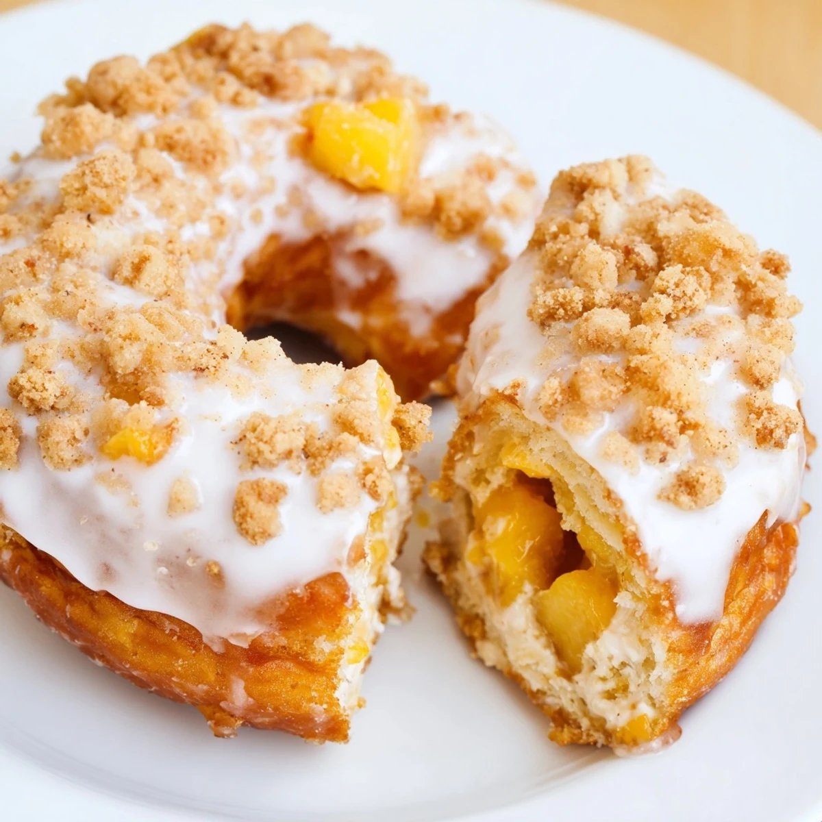 Fried peach cobbler cheesecake donuts with a rich powdered sugar glaze.