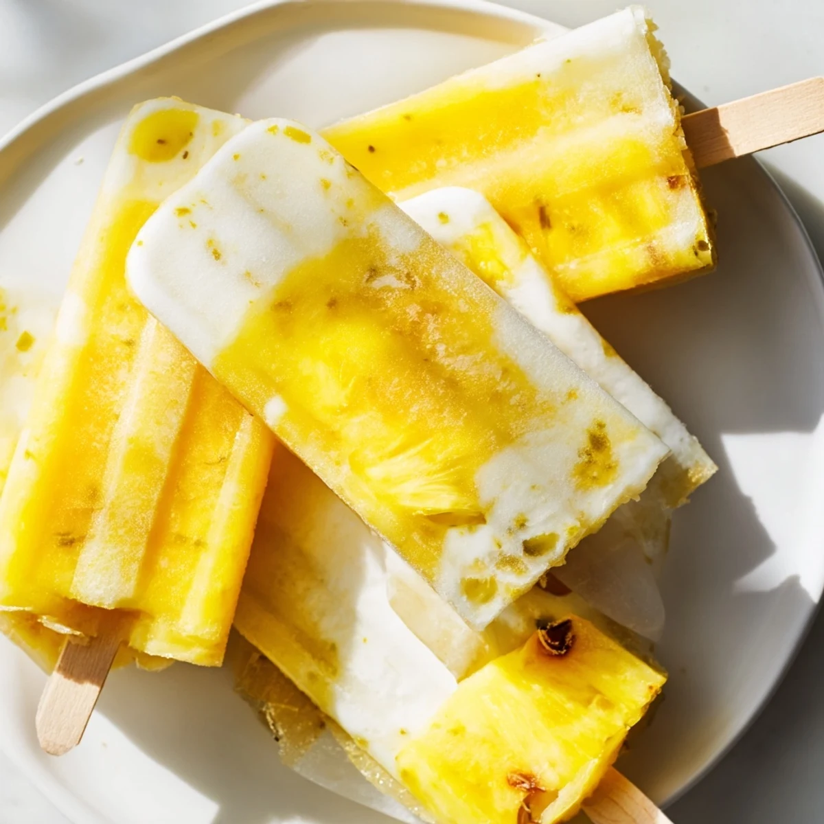 Creamy pineapple coconut lime popsicles swirled together in a frozen mold  