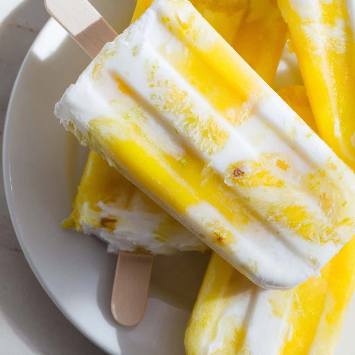 Refreshing summer treat featuring marbled pineapple coconut lime popsicles on a stick