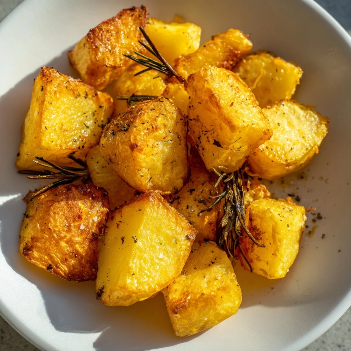 Golden roasted potatoes with crispy edges and fluffy centers on a white plate.