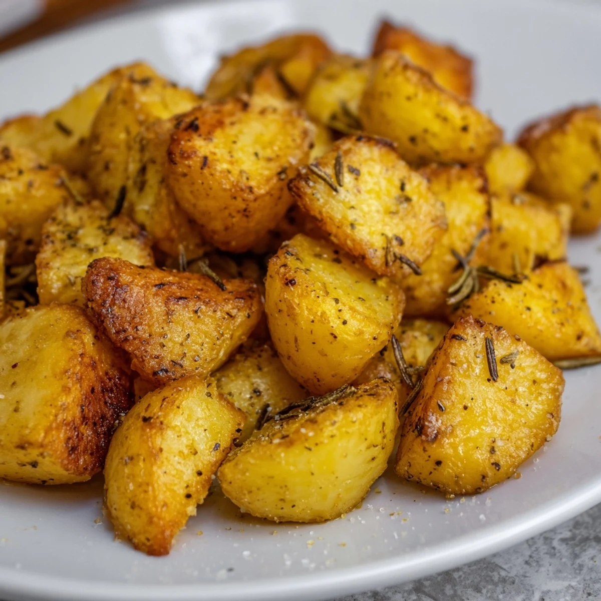Seasoned roasted potatoes browned to perfection, served as a delicious vegetarian side dish.